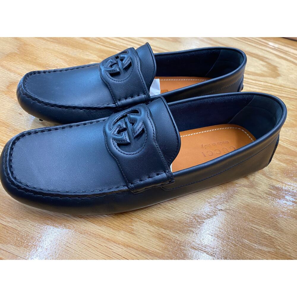GUCCI INTERLOCKING G LOGO Black Leather Men's DRIVER Loafer Shoes 7.5 (L1) - Picture 1 of 7